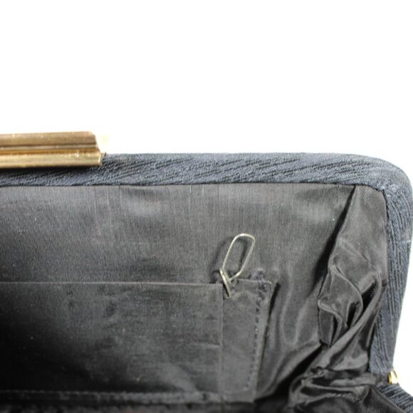 Vintage 1960s Navy Slubbed Linen Clutch Gold Lever Closure Textured Fabric - Picture 9 of 11